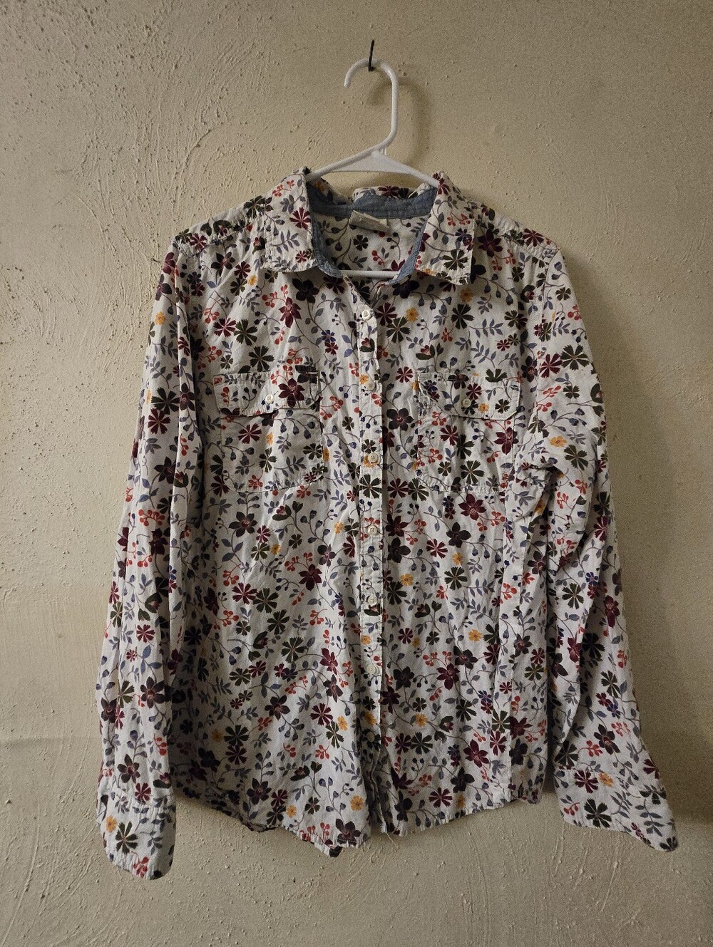 St. John's Bay Cream Floral Button-Up Shirt with Chambray Trim